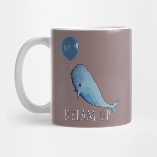 A white whale with geometric striped pattern and blue balloon Mug